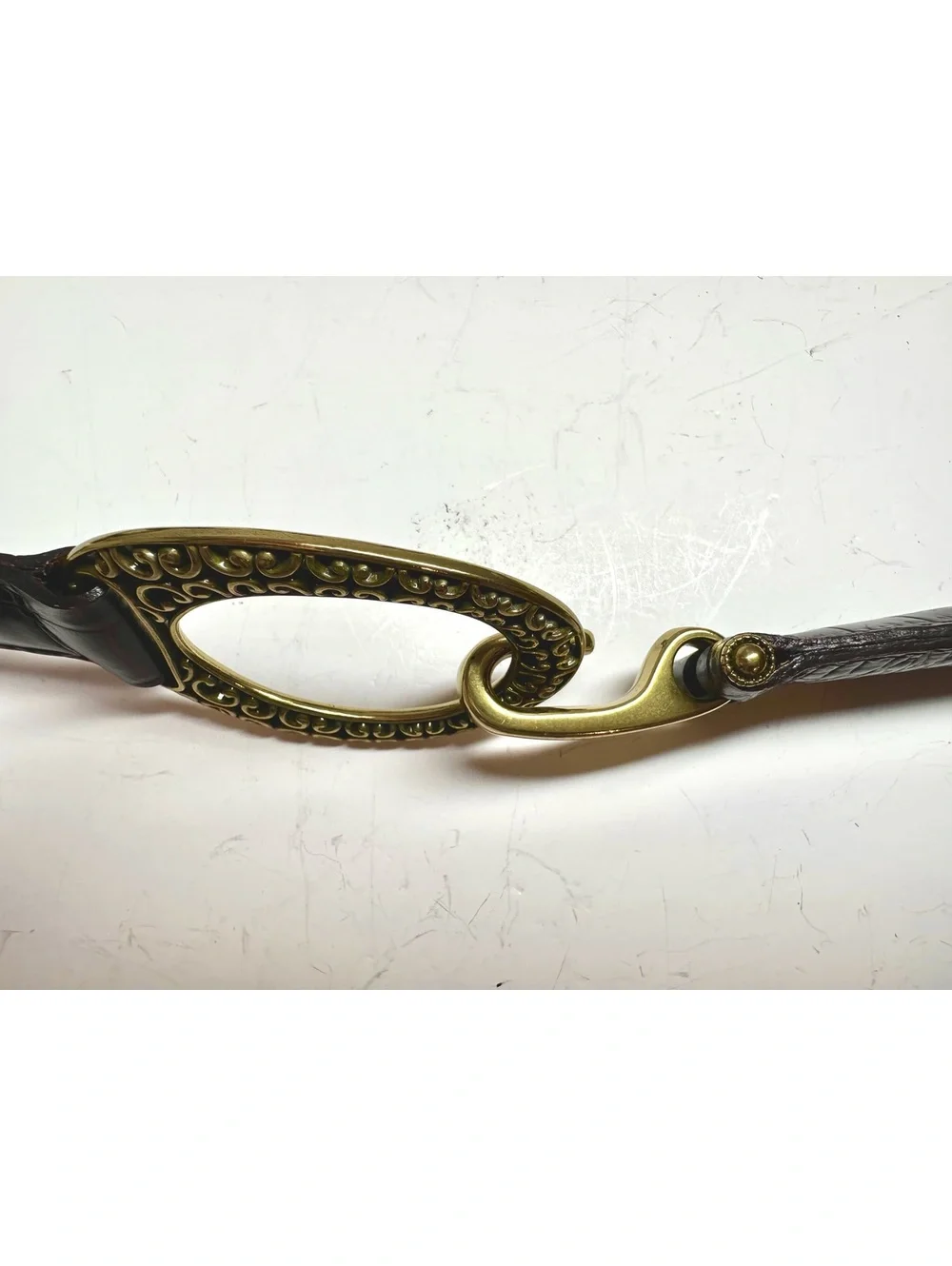 Vintage Brighton Dark Brown Croc-Embossed Leather Brass Tone Chain Links Size 32